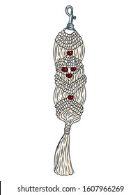Macrame boho style keychain. Textile knotting design charm. Llinear modern indigenous macrame symbol