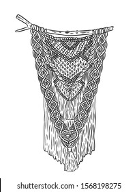 Macrame boho style label. Textile knotting design element. Simple mono linear indigenous wall hanger