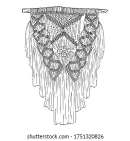 Macrame boho style label. Textile knotting design element. Simple mono linear indigenous wall hanger