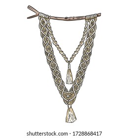 Macrame boho style wall hanger. Textile knotting design element. Simple mono linear indigenous craft