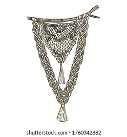 Macrame boho style wall hanger symbol. Textile knotting design element. Hand drawn modern tribal ethnic indigenous craft. Vector image isolated on white background