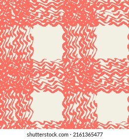 Macrame Check Tie Dye Seamless Pattern. Shibory Minimalism Background. Rose Red and Beige Geometric Monochrome Tartan Textile Imitation. Scottish Watercolor. Japan Design.  Geometric Art Print.