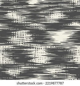 Patrón de infiltración de tinta de timbre de comprobación de macrame. Fondo del Minimalismo de la Shibory. Acuarela escocesa. Diseño japonés. Imitación textil geométrica monocromática Tartán. Impresión de arte geométrico blanco y negro.