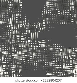 Macrame Check Tie Dye Seamless Pattern. White and Black Scottish Watercolor. Japan Design. Geometric Monochrome Tartan Textile Imitation.  Geometric Art Print. Shibory Minimalism Background.