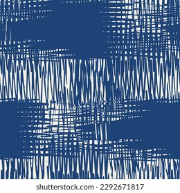Macrame Check Tie Dye Seamless Pattern. Indigo Blue and Beige Geometric Monochrome Tartan Textile Imitation. Shibory Minimalism Background. Scottish Watercolor. Japan Design.  Geometric Art Print.