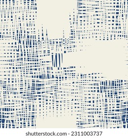 Macrame Check Tie Dye Seamless Pattern. Scottish Watercolor. Japan Design. Shibory Minimalism Background. Geometric Monochrome Tartan Textile Imitation.  Geometric Art Print. Indigo Blue and Beige