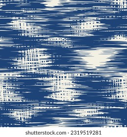 Macrame Check Tie Dye Seamless Pattern.  Geometric Art Print. Geometric Monochrome Tartan Textile Imitation. Scottish Watercolor. Japan Design. Shibory Minimalism Background. Indigo Blue and Beige