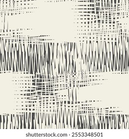 Macrame Check Tie Dye Seamless Pattern. Scottish Watercolor. Japan Design.  Geometric Art Print. Geometric Monochrome Tartan Textile Imitation. White and Black Shibory Minimalism Background.