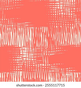 Macrame Check Tie Dye Seamless Pattern. Scottish Watercolor. Japan Design. Shibory Minimalism Background.  Geometric Art Print. Geometric Monochrome Tartan Textile Imitation. Rose Red and Beige