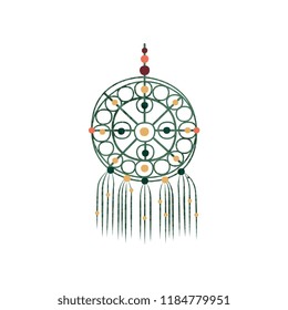 Macrame with colorful beads. Dream catcher made of cotton cord. Handmade craft. Wall decor element. Flat vector with texture