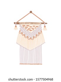 Macrame design vector illustration. Wall hanging decoration with thread fringe and wooden beads on ends. Bohemian style, ethnic handmade knot craft decor isolated on white background.