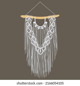 Macrame Design, Wall Decoration Hanging On Gray Background, Handmade Craft Decor Unit Insulated - Flat Vector Illustration