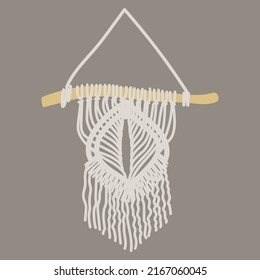 Macrame Design, Wall Decoration Hanging On Gray Background, Handmade Craft Decor Unit Insulated - Flat Vector Illustration