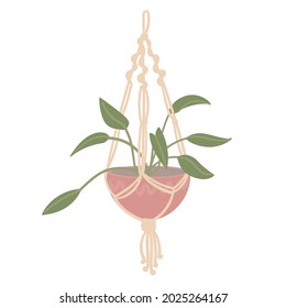 Macrame with a flower in a pot, hanging mount. Handmade boho decor. Isolated, hand-drawn.