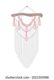 Macrame with fringe. Diy boho style interior decor, handmade craft knots. Vintage design panel of cord, wall hanging. Isolated on transparent background. Vector illustration.