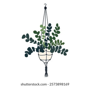 Macrame hanging plant in pot. Garden house indoor hanger flowerpot. Hanging home plant for interior decor. Vector flat illustration