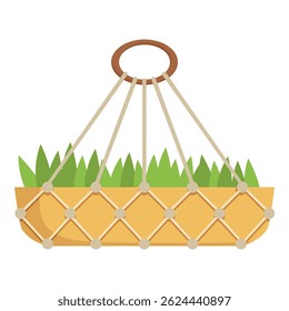 Macrame hangende plantenbak met groen gras dat groeit in een gele pot hangt aan touwen op een witte achtergrond