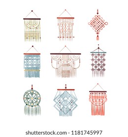 Macrame hangings set, elegant handmade home decorations made of cotton cord vector Illustration on a white background