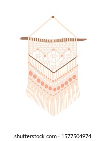 Macrame modern design vector illustration. Wall hanging decoration with thread fringe, cord and beads. Handmade knot craft with geometric pattern isolated on white background. Wickerwork home decor.