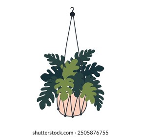 Macrame monstera plant in pot. Garden house indoor hanger flowerpot. Hanging macrame home plant for interior decor. Vector flat illustration