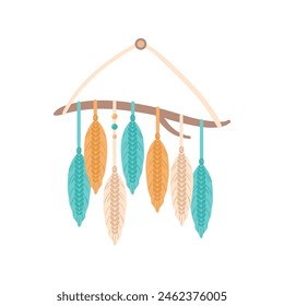 Macrame panels, boho. Handmade. Hobbies, interests. Interior design, decor. Wellness, meditation. Vector illustration in flat style. Lace, knots. Feathers from threads. For stickers, postcards, design
