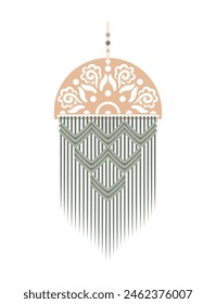 Macrame panels, boho. Handmade. Hobbies, interests. Interior design, decor. Wellness, meditation. Vector illustration in flat style. Lace, knots, mandala. In earthy tones