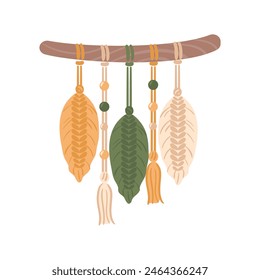 Macrame panels, boho. Handmade. Hobbies, interests. Interior design, decor. Wellness, meditation. Vector illustration in flat style. Lace, knots. Feathers and brushes from threads. magic, witchcraft