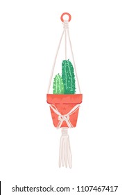 Macrame plant hanger with a cactus in a pot. Hand drawn vector illustration. Trendy indoor decoration.