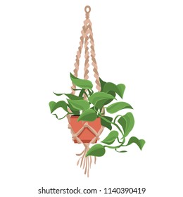 Macrame plant hangers for scandinavian interior. Vector stylish elements design. Great for gardening magazines , flower store or home poster. Vector illustration.