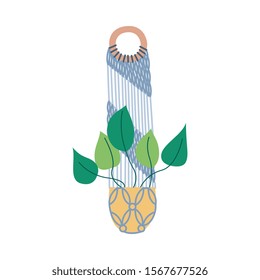Macrame plant hangers in scandinavian style hobby concept flat vector illustration isolated on white background. Handmade knitted interior element for house decoration.