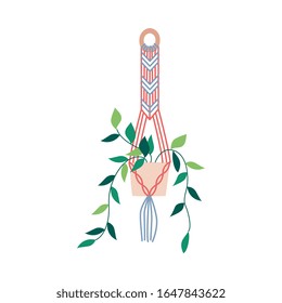 Macrame plant hangers in scandinavian style hobby concept flat vector illustration isolated on white background. Handmade knitted interior element for house decoration.