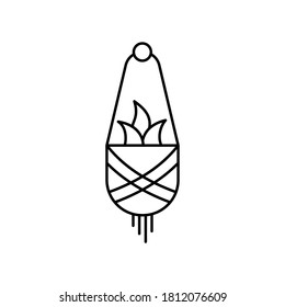 Macrame plant. Hanging flower pot with macarame. Linear icon of handmade interior decoration. Black simple illustration of trend needlework. Contour isolated vector pictogram, white background
