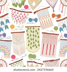 Macrame seamless pattern. Bohemian style home decor. Handmade rustic knitted rope goods. Repeated hanging elements. Knots and tassels. Scandinavian decoration. Recent