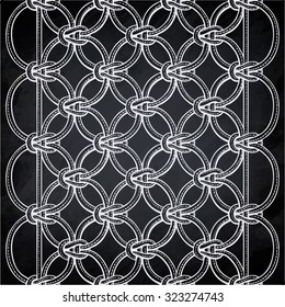 Macrame seamless pattern made of ropes. Vector endless textile background isolated on black. Chalk drawing over blackboard.
