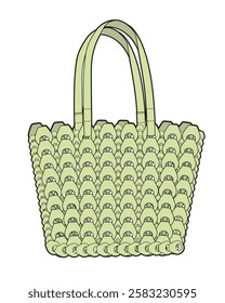 Macrame tote bag technical flat sketch vector mockup template.