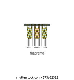 Macrame vector thin line icon. A form of textile-making using knotting. Isolated symbol. Logo template, element for business card or workshop announcement. Simple mono linear modern design.