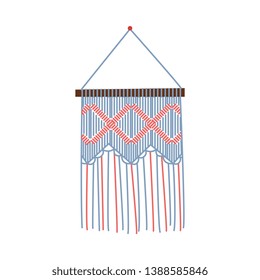Macrame wall decoration, hand crafted ropework interior decor object. Knot art design for diy hobby icon or banner, isolated flat vector illustration on white background