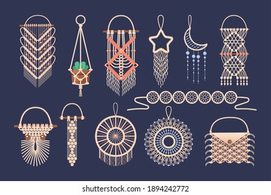 Diseño colgante de pared de macrame, adornos decorativos trenzados. Boho, un patrón de punto hecho a mano. Joyería de punto y accesorios para el hogar aislados en el vector de fondo oscuro