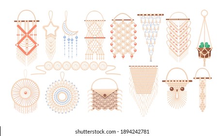 Macrame wall hanging design, braided decorative ornaments. Boho, ethnic handmade knitted pattern. Knitted jewelry and home accessories isolated on white background vector