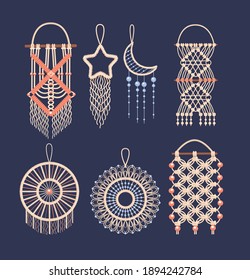 Macrame wall hanging design, braided decorative ornaments. Boho, ethnic handmade knitted pattern. Knitted jewelry and home accessories isolated on dark background vector
