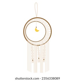 Diseño colgante de pared de macrame, adornos decorativos trenzados. Boho, un patrón de punto hecho a mano. Joyería de punto y accesorios para el hogar aislados en el vector de fondo oscuro