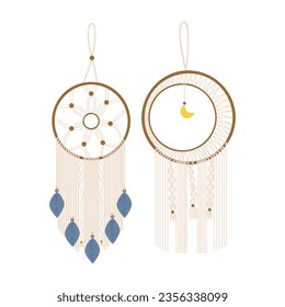 Wandbehängung aus Macrame, geflochtene Dekorationen. Boho, ethnisch handgemachte Strickmuster. Schmuck und Haushaltszubehör einzeln auf dunklem Hintergrund, Vektorgrafik