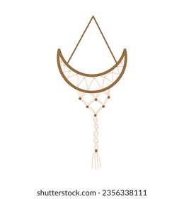 Diseño colgante de pared de macrame, adornos decorativos trenzados. Boho, un patrón de punto hecho a mano. Joyería de punto y accesorios para el hogar aislados en el vector de fondo oscuro
