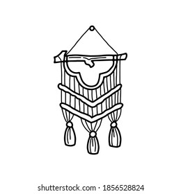 Macrame wall hanging in doodle style hand drawing. Vector icon in the concept of a cozy scandinavian home