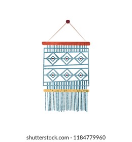 Macrame wall hanging made of blue cotton cord. Decoration for home. Flat vector icon with texture