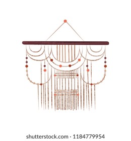 Macrame wall hanging on wood stick with beads. Handmade craft. Original home decor element. Flat vector with texture
