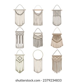 macrame wall hanging set cartoon. boho style, decoration macram, vintage wood macrame wall hanging sign. isolated symbol vector illustration