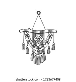 Macrame wall hanging-vector doodle illustration isolate on white background. Modern home element, hygge style, scandinavian interior. Monochrome drawing. Cozy house concept.
