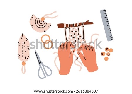Macrame, woven cord decor. Hands weaving with rope, string knot. DIY handcraft, handwork. Creating handmade decoration, craftwork, handicraft. Flat vector illustration isolated on white background