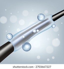 Macro 3D realistic vector illustration of a hair strand coated with a moisturizing serum. Concept for hydration, protection, or deep conditioner. Ideal for hair care advertising.